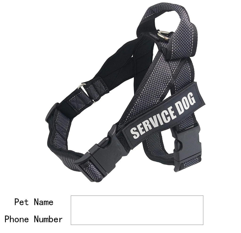 Personalised adjustable pet harness with reflective stripes on a small dog, available in black, pink rose, and red sizes XS to XXL