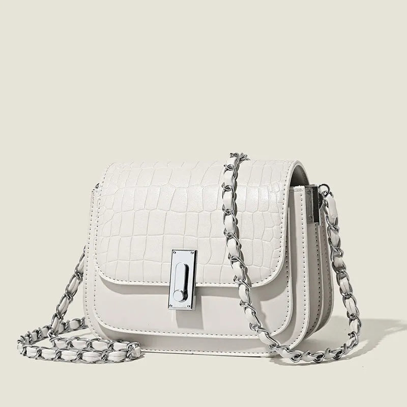 Women's soft PU chain strap shoulder bag in horizontal square shape with mobile phone compartment