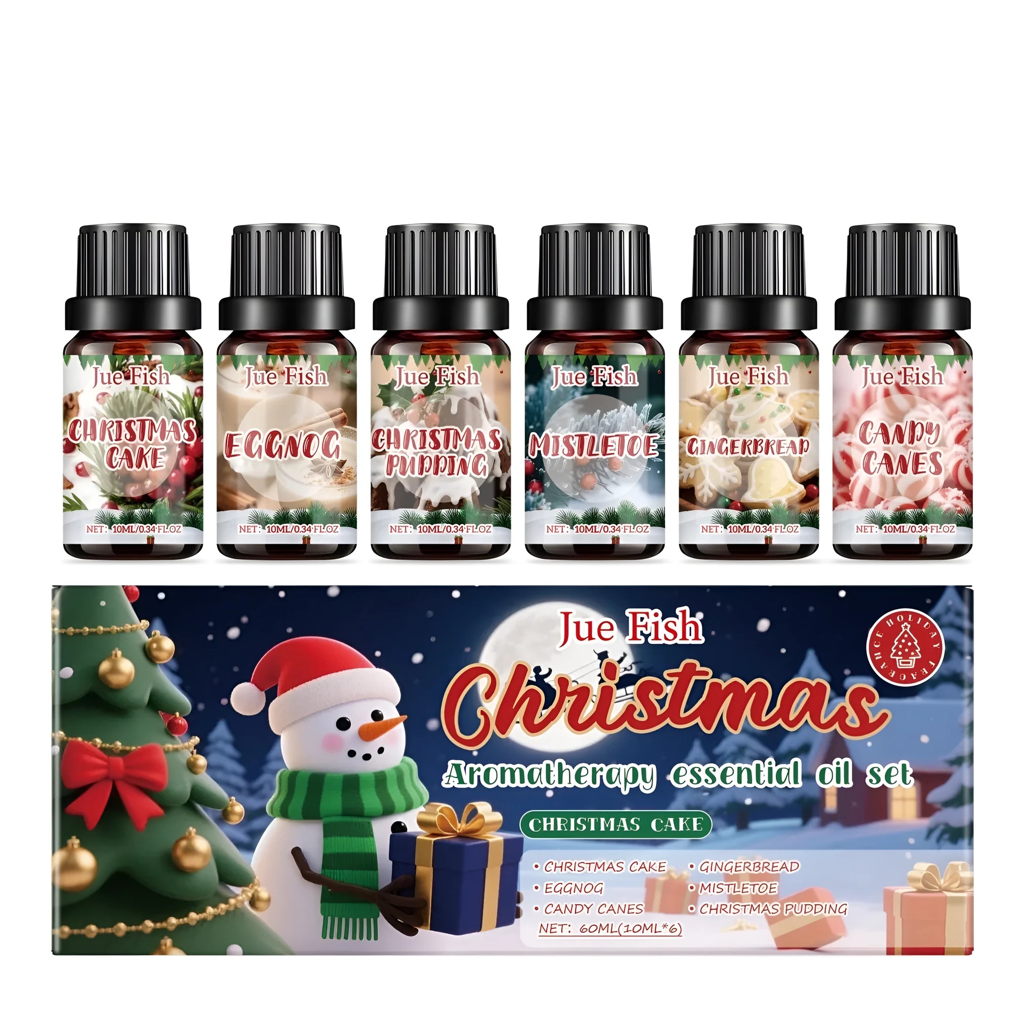 Christmas essential oil set showing six 10ml bottles with festive scents including Christmas cake and gingerbread