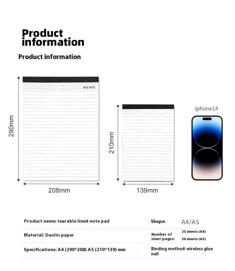 A4 tear-off meeting minutes notebook with wireless adhesive binding showing ivory white grid pages