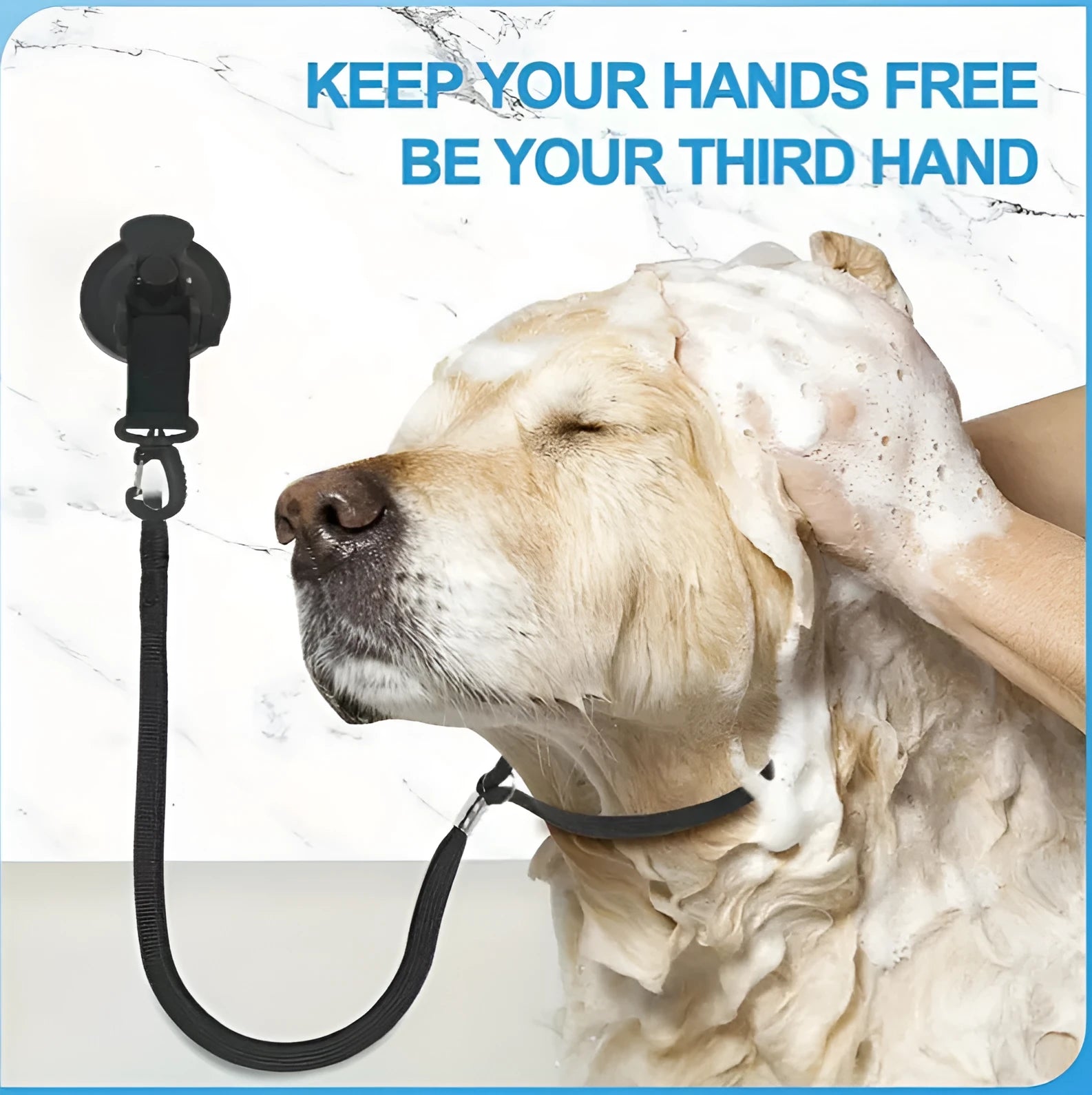 Black pet bathing restraint with four suction cups, a traction rope, and anti-bite handcuffs on a tiled wall.