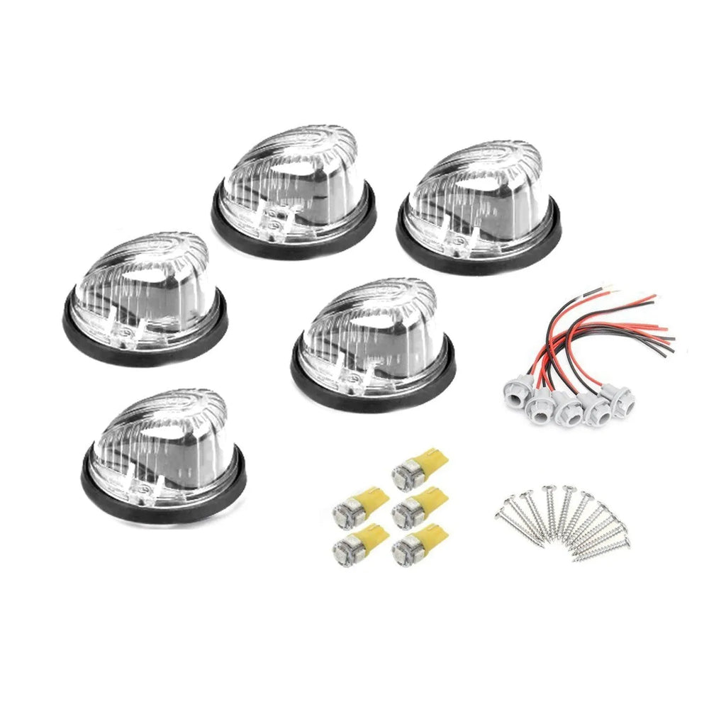 LED roof cab light kit with yellow lens, base, T10 bulb, screws and wire socket on white background