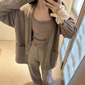 Women's knit cardigan with vest and suspender trousers three-piece set in beige colour