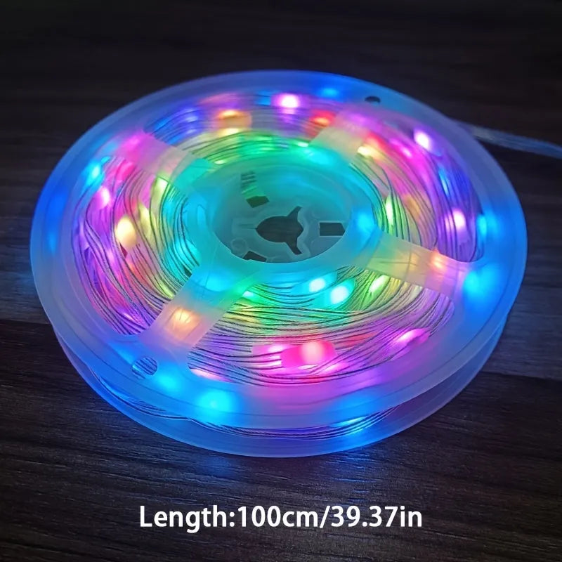 10 metre long multicolour LED party light string with 100 bulbs showing various flashing modes.