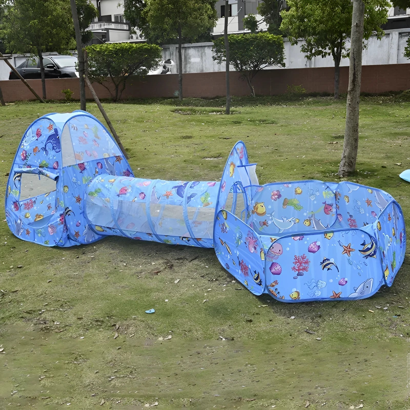 Three-in-one children's cloth tent set with ball pool and tunnel in cartoon submarine theme