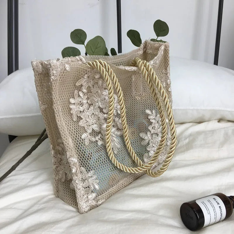 Handmade double layer lace shopping bag in black colour, small size