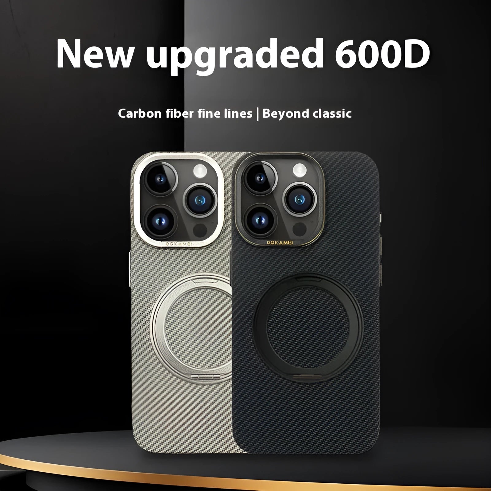 Rotating aluminum alloy bracket phone case in graphite black with carbon fiber pattern drop-resistant shell for Apple