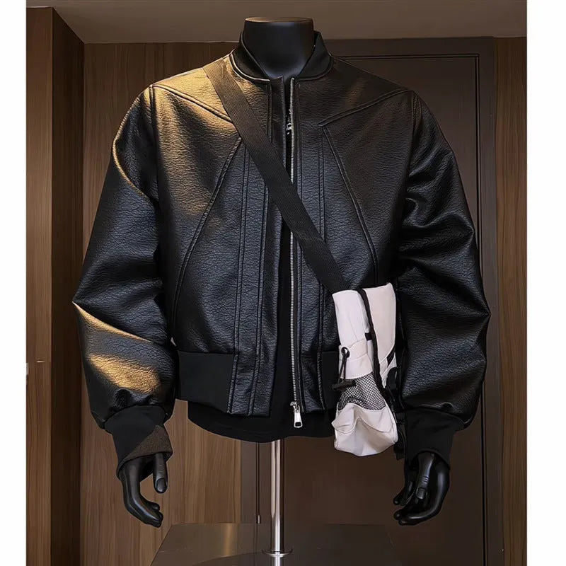 Men's extended length PU litchi leather jacket in light business style