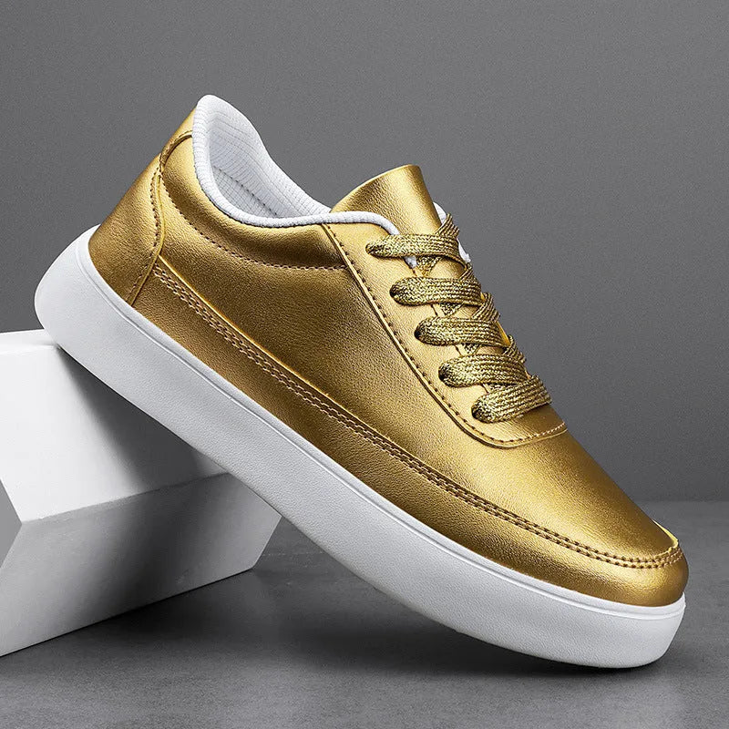 Women's leather casual flat shoes with front lace-up fastening in metallic colours