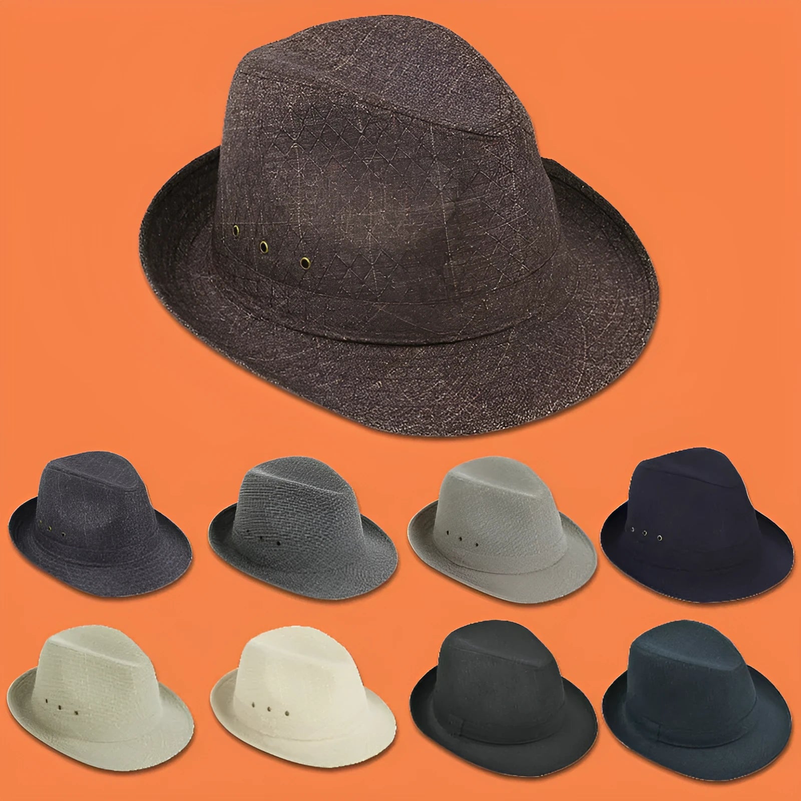 A thickened suit material fedora hat for men in sizes 57cm to 60cm, shown in a dark colour.