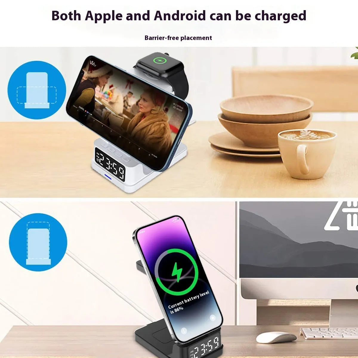 Black magnetic three-in-one 15W wireless charger with clock on a desk