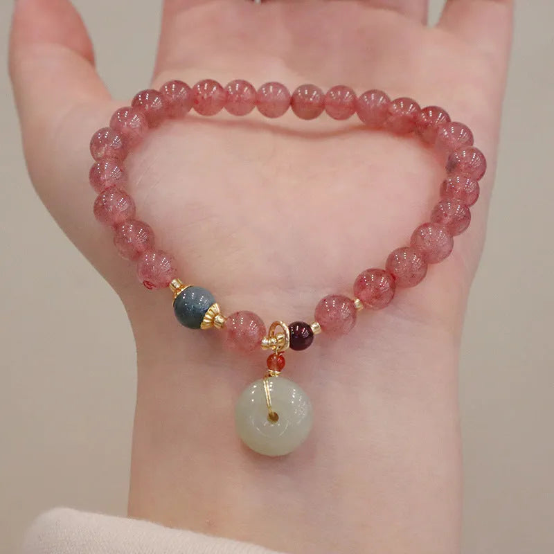 Strawberry quartz women's bracelet with geometric stone pattern and purse charm pendant
