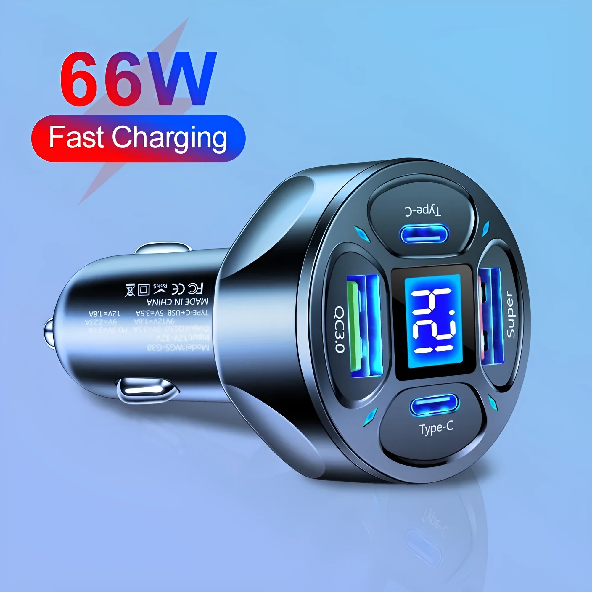 66W digital display car charger with 2 USB and 2 Type-C ports showing vehicle voltage on screen