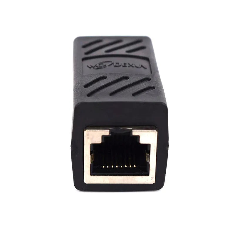 Black RJ45 coupler adapter with rotary union for extending Ethernet network cables