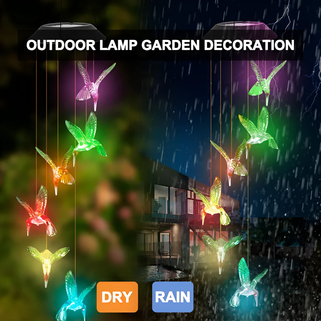 Outdoor solar wind chime garden lamp with LED lights and decorative hummingbird design