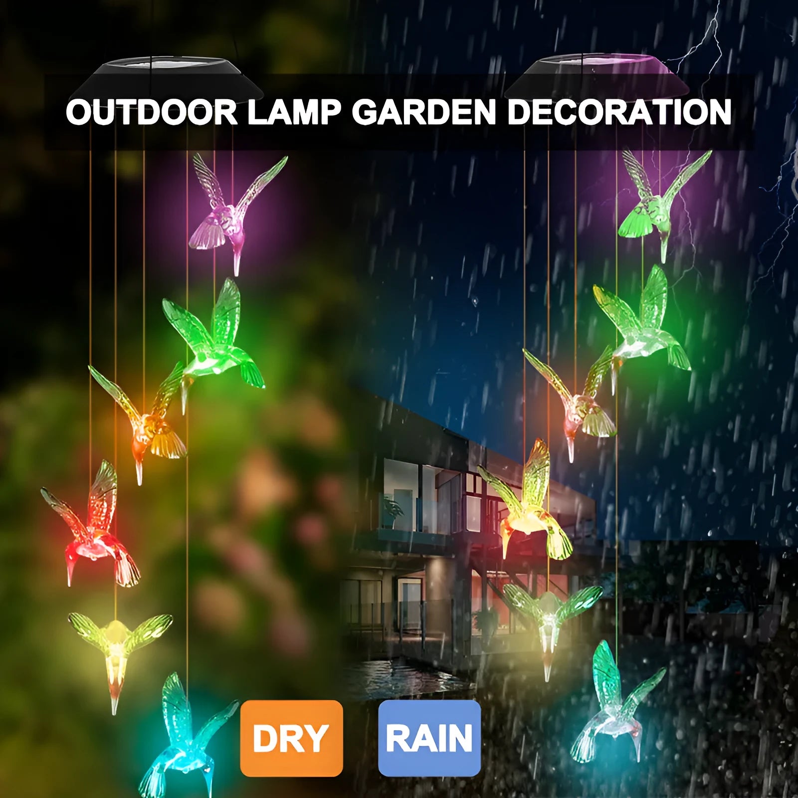 Outdoor solar wind chime garden lamp with LED lights and decorative hummingbird design