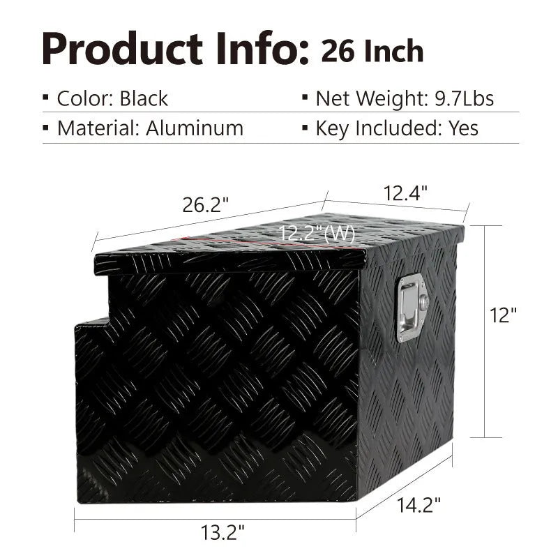 26-inch black aluminium toolbox with central carry handle for tool storage