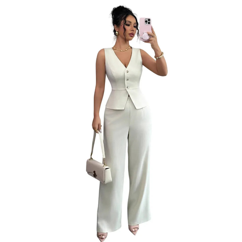 Women's black sleeveless vest and high-waisted trousers two-piece set in Japanese Korean casual style