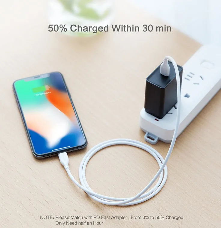 White braided nylon USB-C to Lightning charging cable for iPhone, 1 metre length