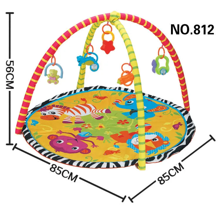 Baby play mat with colourful animal patterns on soft velvet fabric for crawling and floor play.