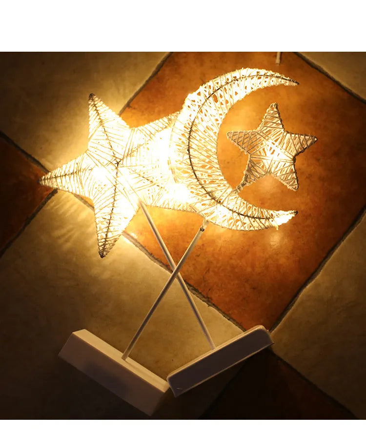 Rattan woven LED table lamp in star, heart, and moon shapes for bedroom decoration