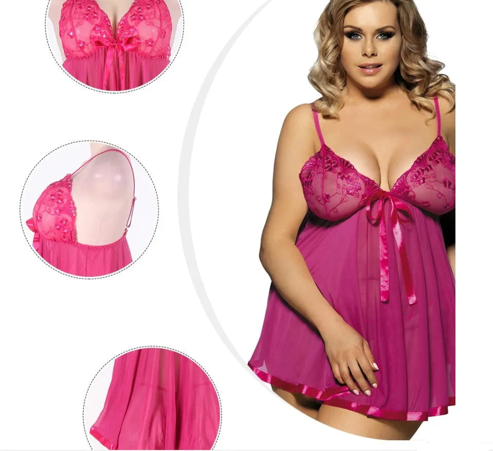 Women's purple mesh and lace lingerie sleepdress on a hanger, showing seamless sling dress style.