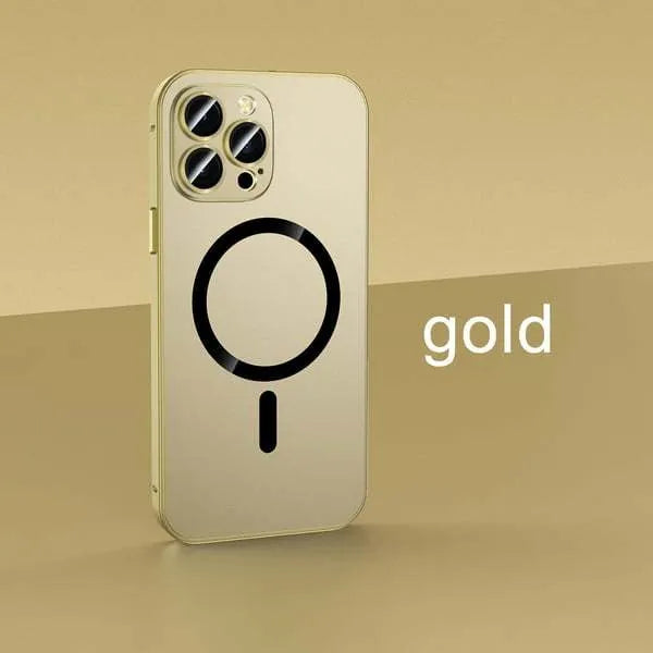 iPhone magnetic protective case with aluminium alloy frame in dark purple, blue, silver, black, and gold colour options