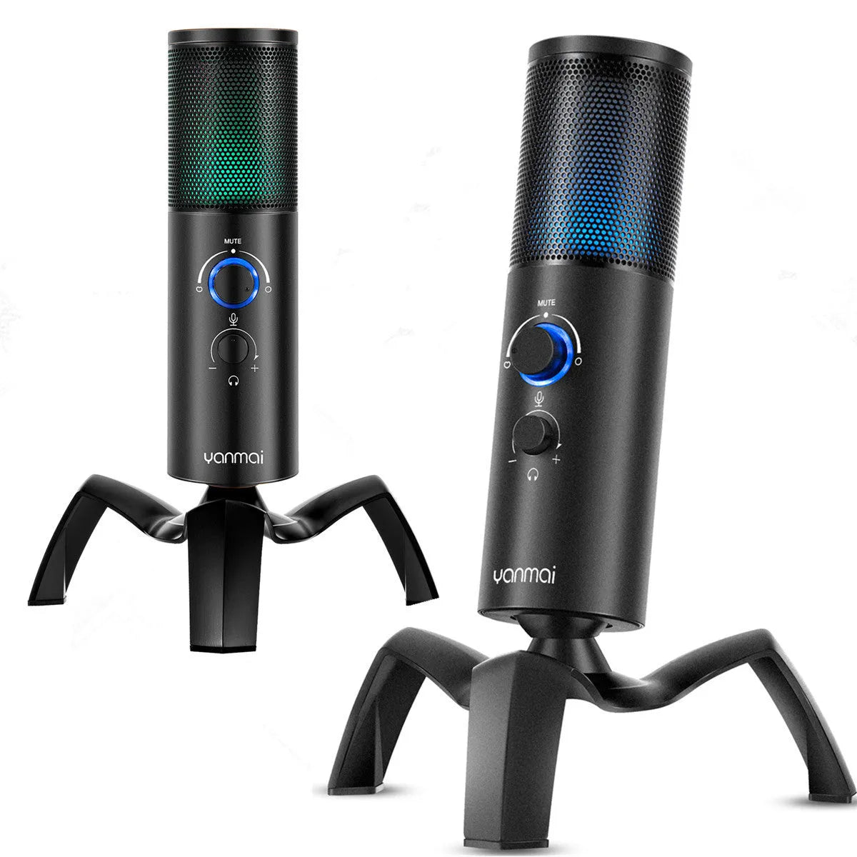 Black Q18 bidirectional condenser microphone with RGB lights on an adjustable metal tripod
