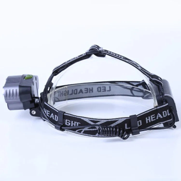Head-mounted camping light with fixed focus long-range beam for outdoor use