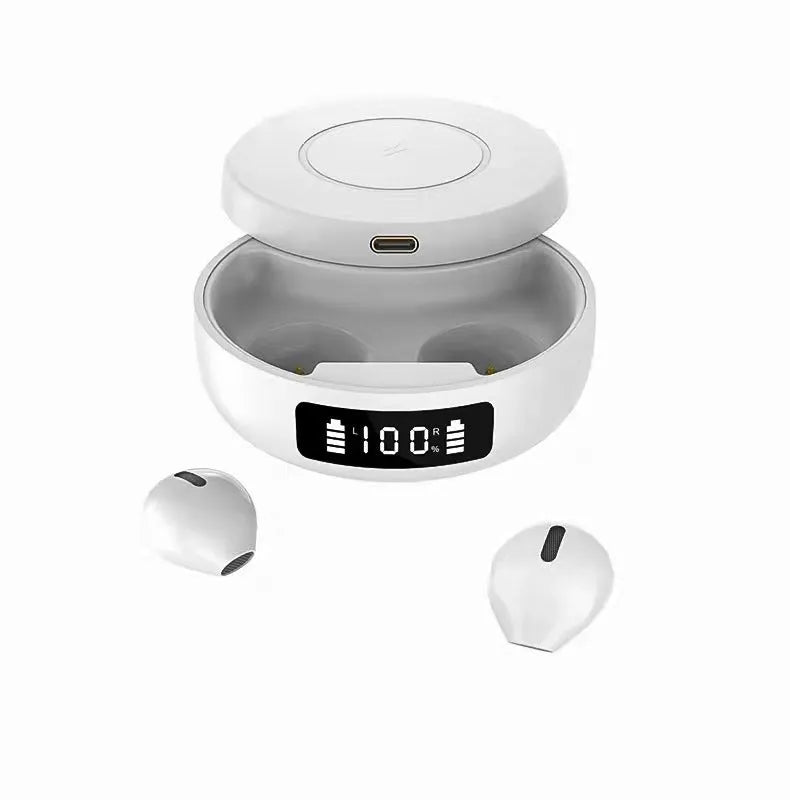 Mini semi-in-ear wireless headphones with charging case in black or white