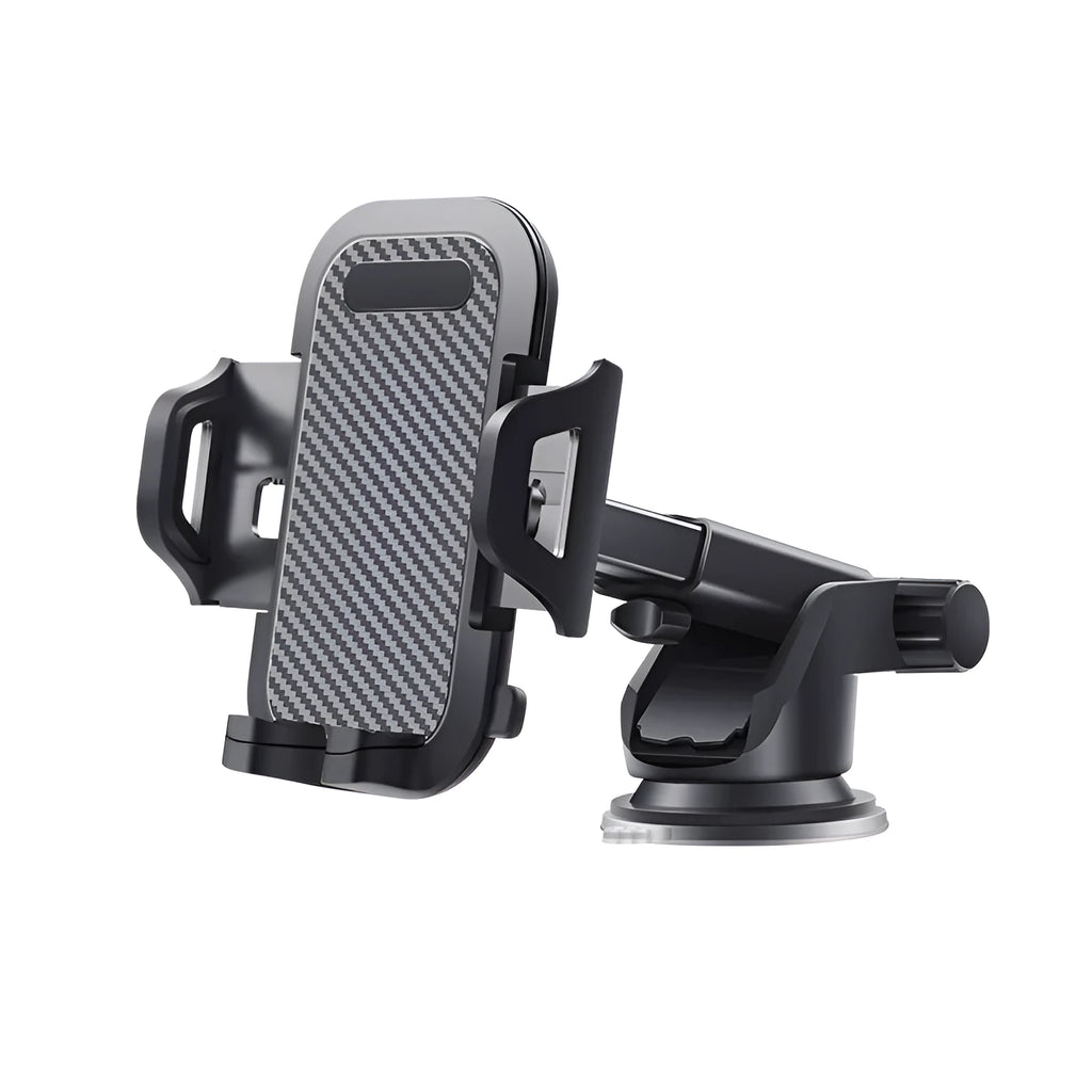Black universal car phone holder mounted on a dashboard, gripping a large smartphone.