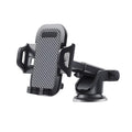 Black universal car phone holder mounted on a dashboard, gripping a large smartphone.