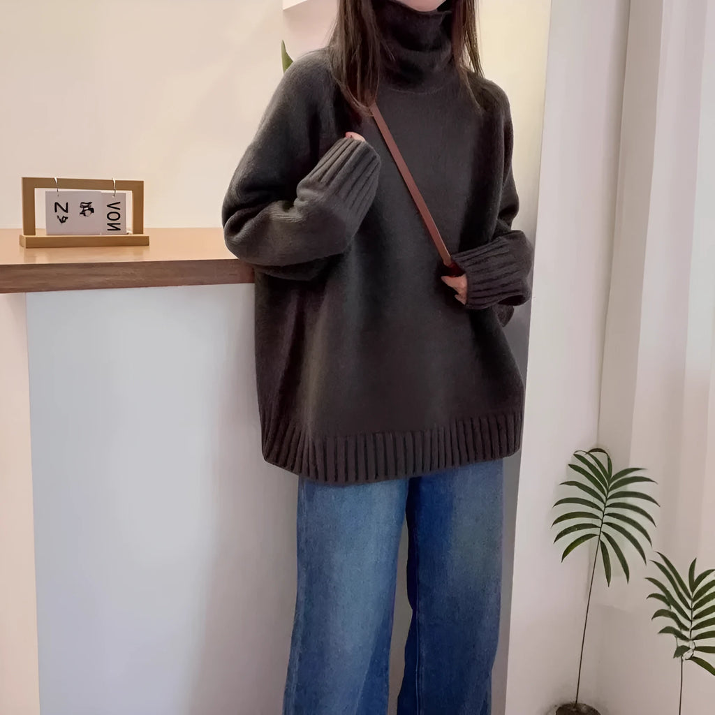 Women's loose thick turtleneck sweater with curling pile collar in red, camel, gray, or black
