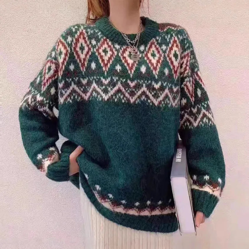 Loose retro pullover knitted top with stripe pattern and long sleeves
