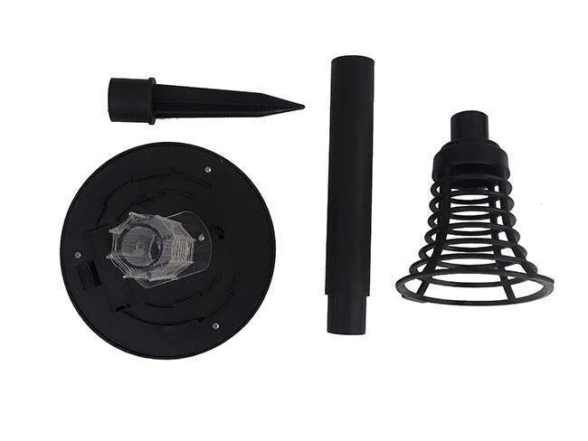 Black solar-powered insect killer garden lamp with white LED and UV purple light.