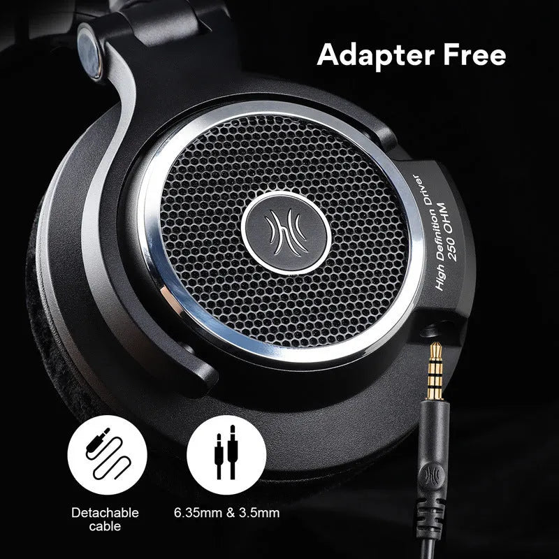 Wired noise reduction monitor headset with 40mm driver and dual 3.5mm/6.5mm plugs on black background