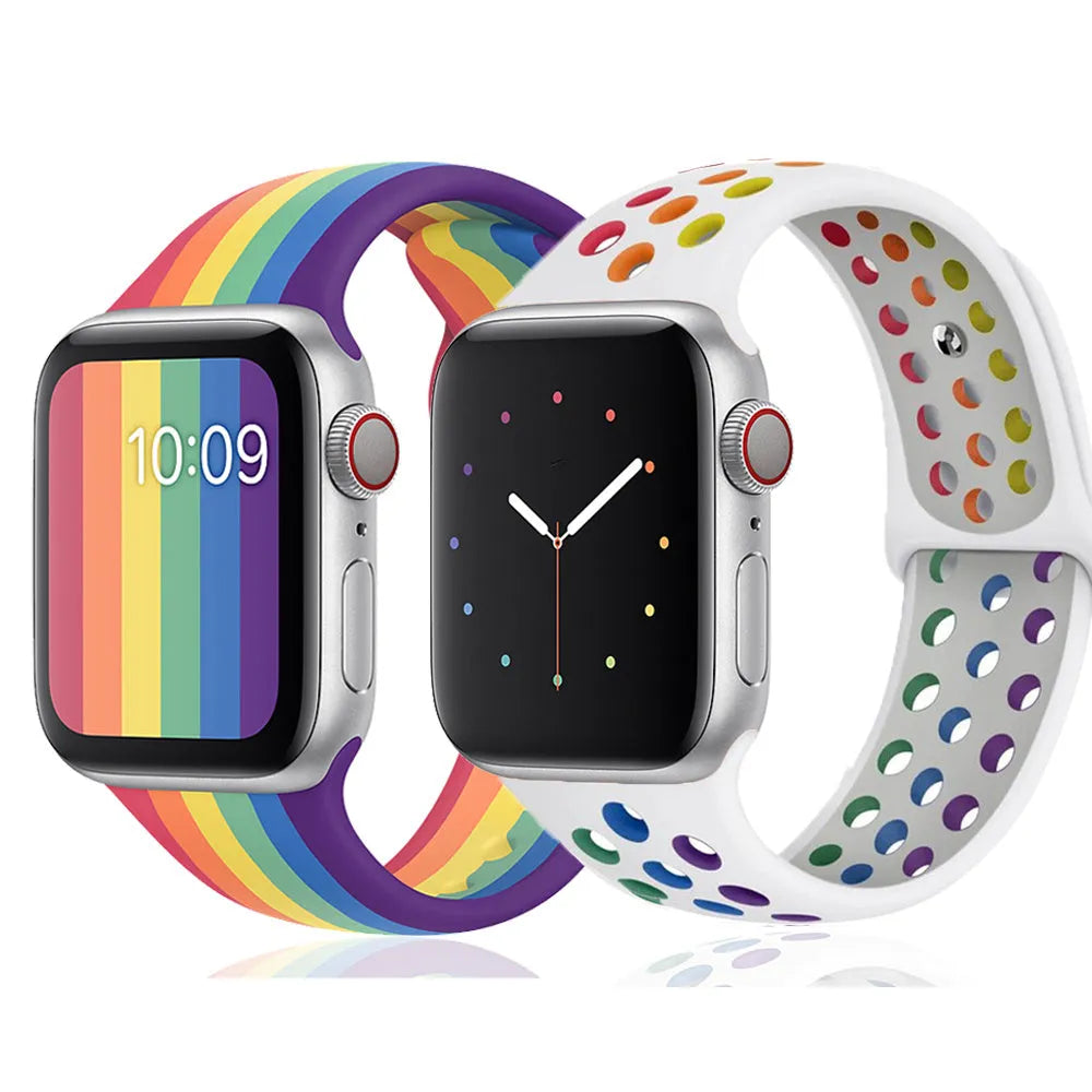 Silicone sports wristband with single buckle strap in black rainbow or white colour options