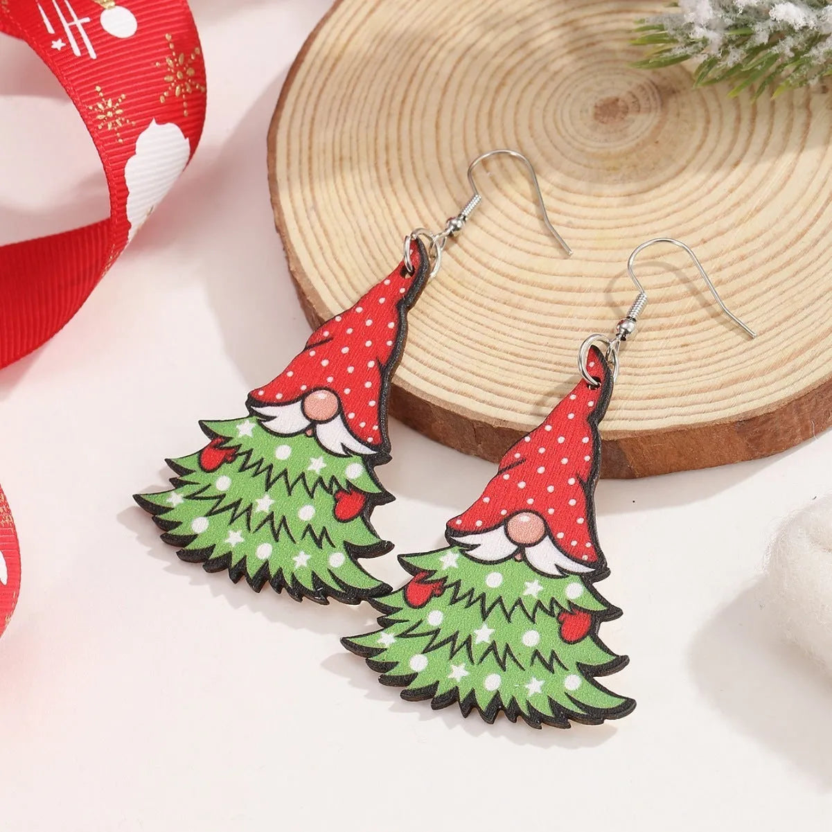 Geometric wooden Christmas earrings with Santa Claus printed designs