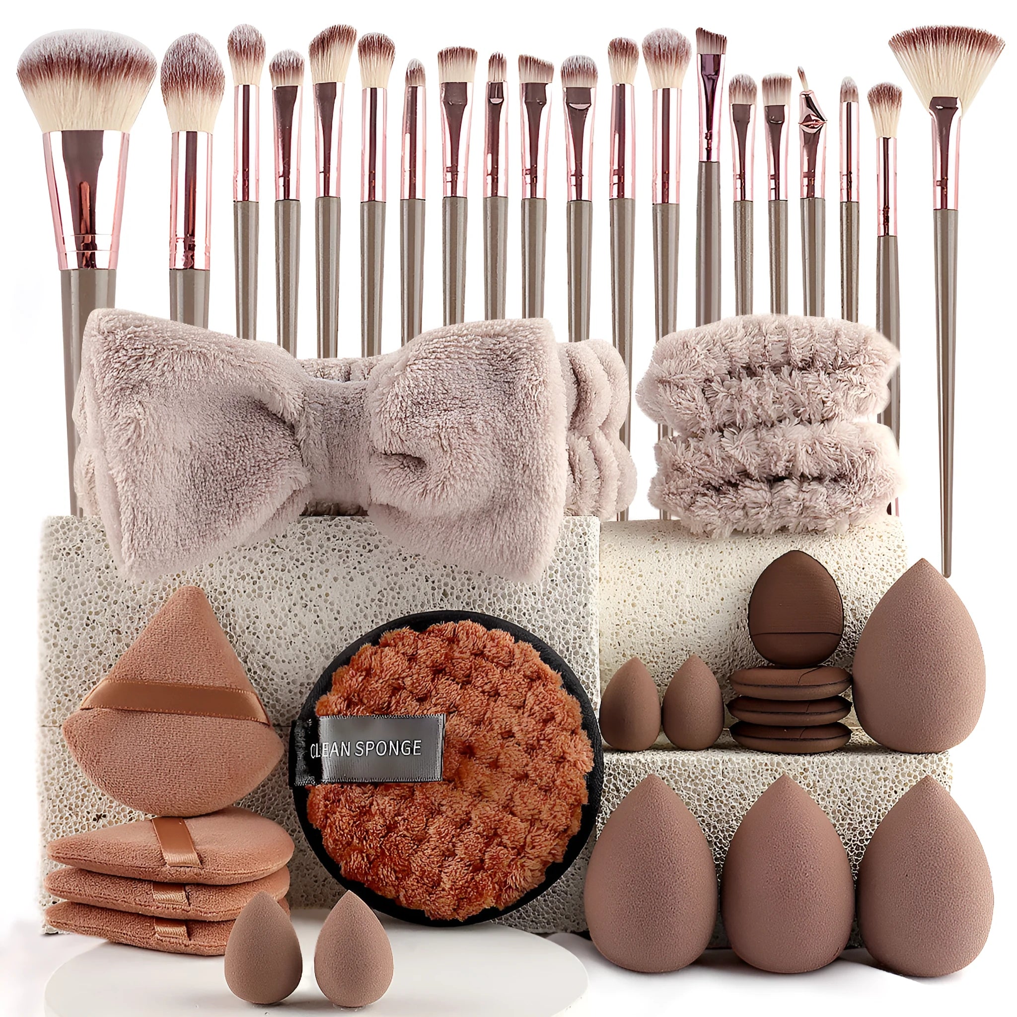 Beauty tools combination set with hydrophilic non-latex sponges in brown, pink and purple colour options