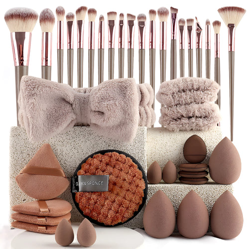 Beauty tools combination set with hydrophilic non-latex sponges in brown, pink and purple colour options
