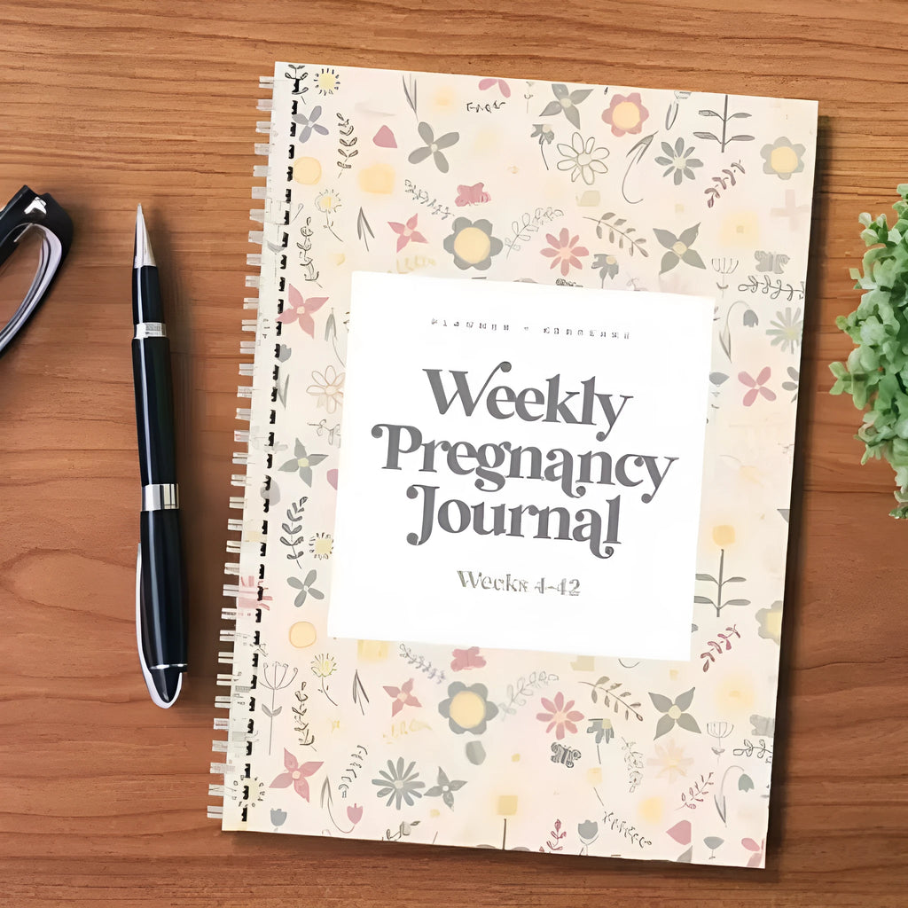 A5 Pregnancy Weekly Diary Notebook open on a page, showing weekly tracking sections.
