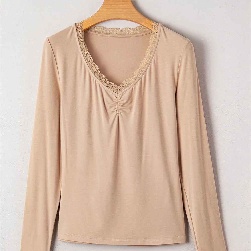 Red women's long sleeve casual top with lace trim detail on the sleeves in a slim fit.