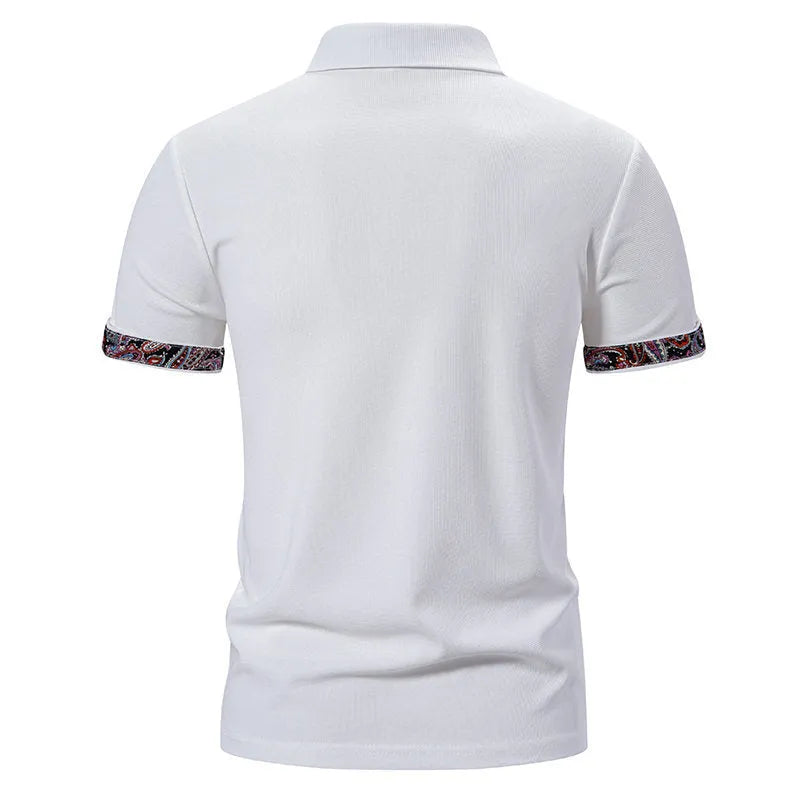 Men's polo shirt with colour stitching detail on a turnover collar and short sleeves.