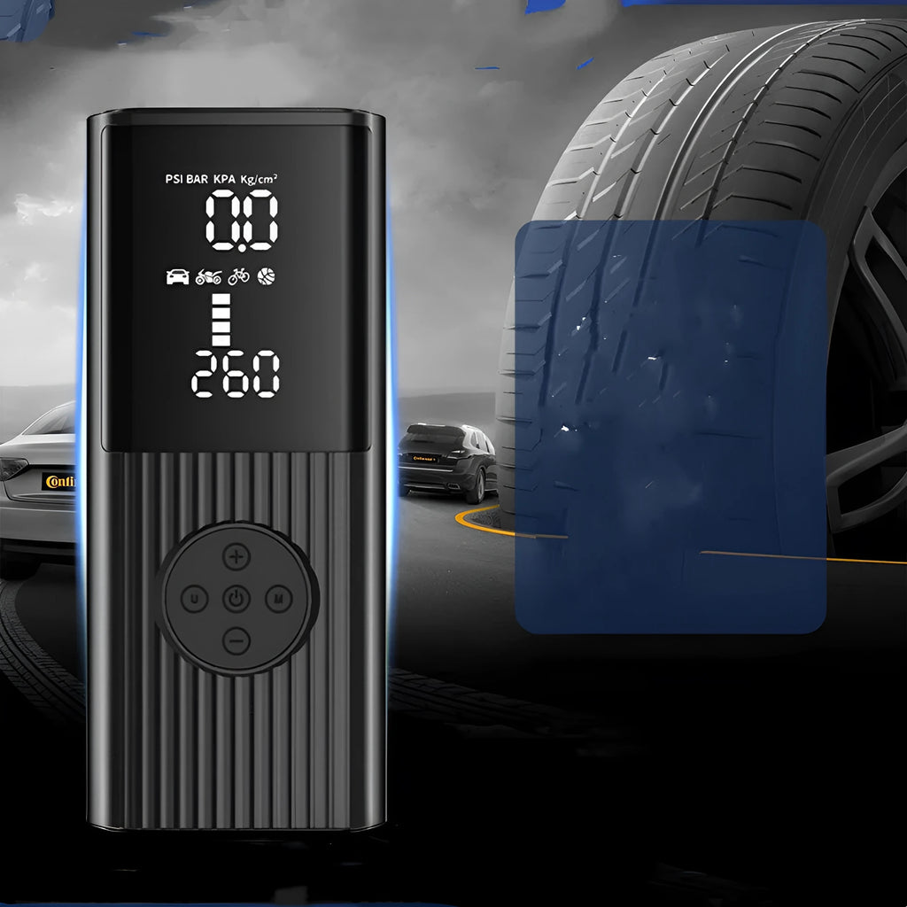 Portable wireless car tyre air compressor with digital display, LED light, and hose