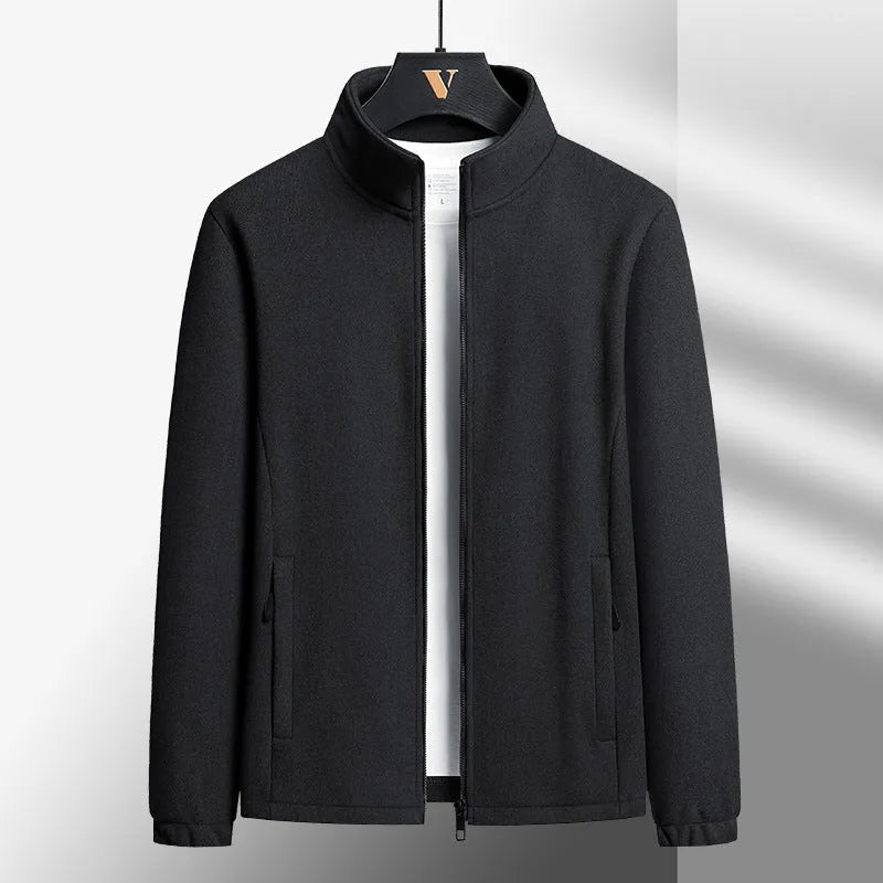 Men's thick grey Berber fleece cardigan coat with stand-up collar and zippered pockets.