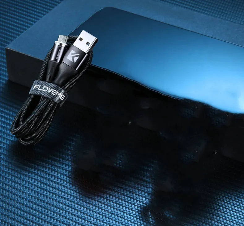 Black magnetic USB-C fast charging cable with side indicator lights for iPhone and Android devices