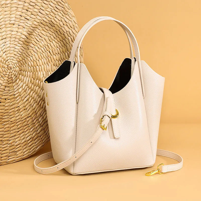 Women's genuine leather retro bucket bag with file compartment in lake blue colour