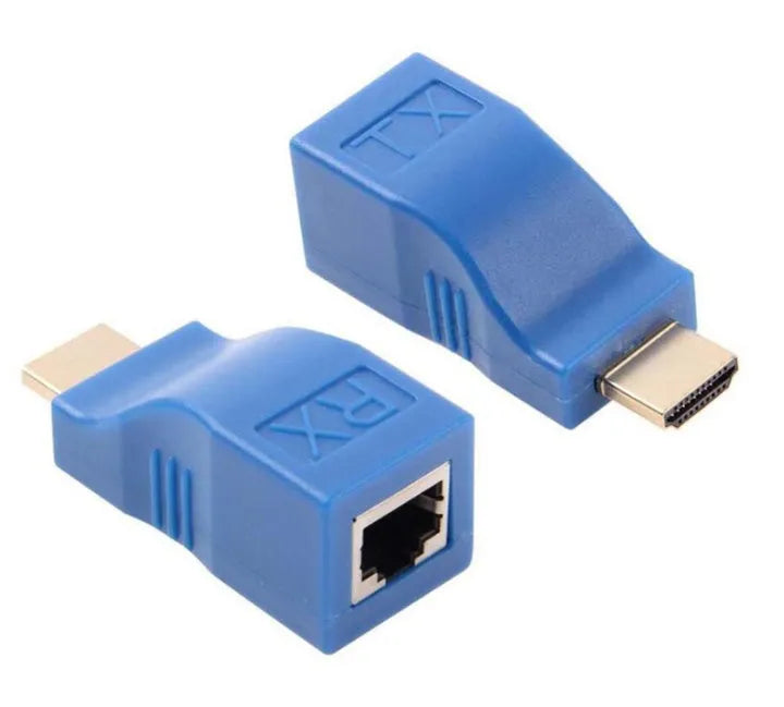 HDMI extender transmitter and receiver pair for signal extension over CAT-5e/6 cable up to 30 metres.