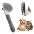 Blue cat brush with a release button and fine wire bristles for removing pet hair.