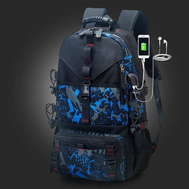 Men's waterproof Oxford cloth hiking backpack in black with multiple compartments and air pillow belt system